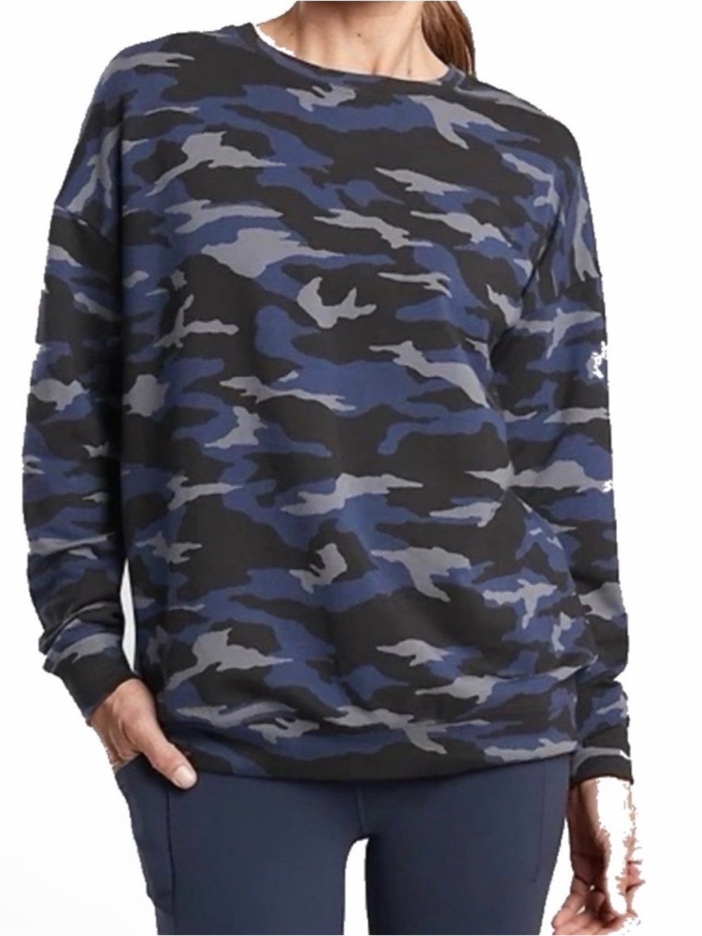 Athleta Balance Blue & Black Camo Long Sleeve Sweatshirt Pullover Women's size L